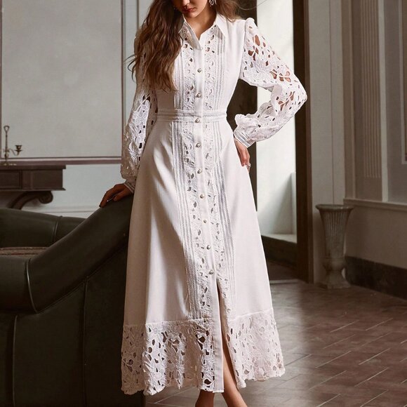 White Elegant Women's Lace Dress - Picture 4 of 7